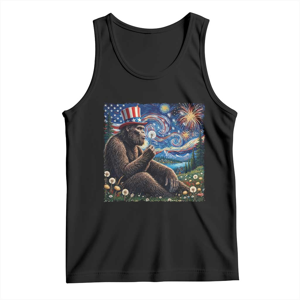 Bigfoot Blowing Dandelion Tank Top Sasquatch Van Gogh Starry Night 4th of July TS14 Black Print Your Wear