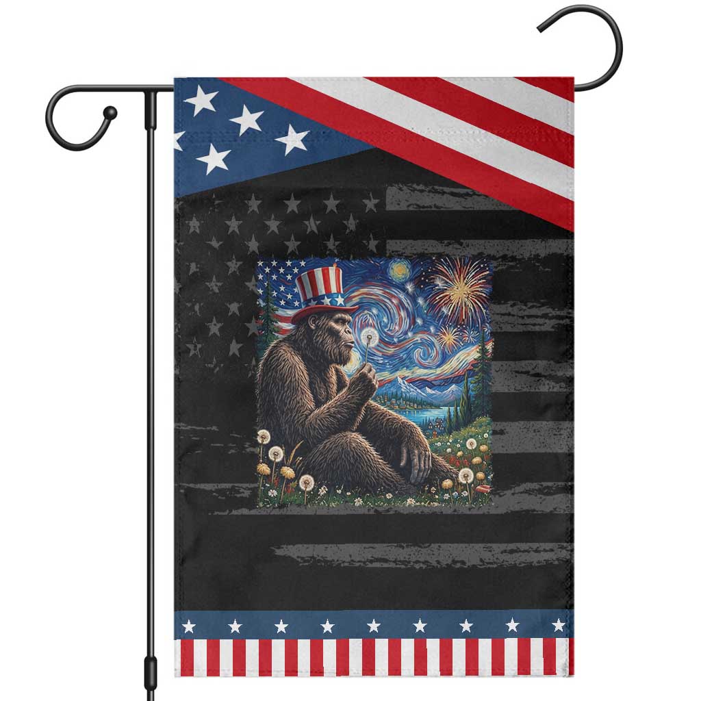 Bigfoot Blowing Dandelion Patriotic Garden Flag Sasquatch Van Gogh Starry Night 4th of July TS14 Distressed Black Blue Print Your Wear