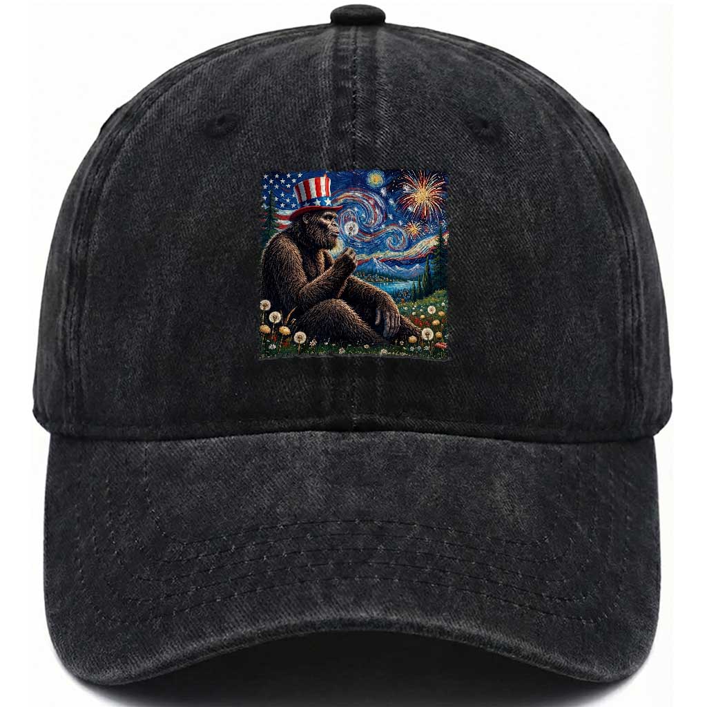 Bigfoot Blowing Dandelion Washed Cotton Baseball Cap Sasquatch Van Gogh Starry Night 4th of July TS14 Print Your Wear