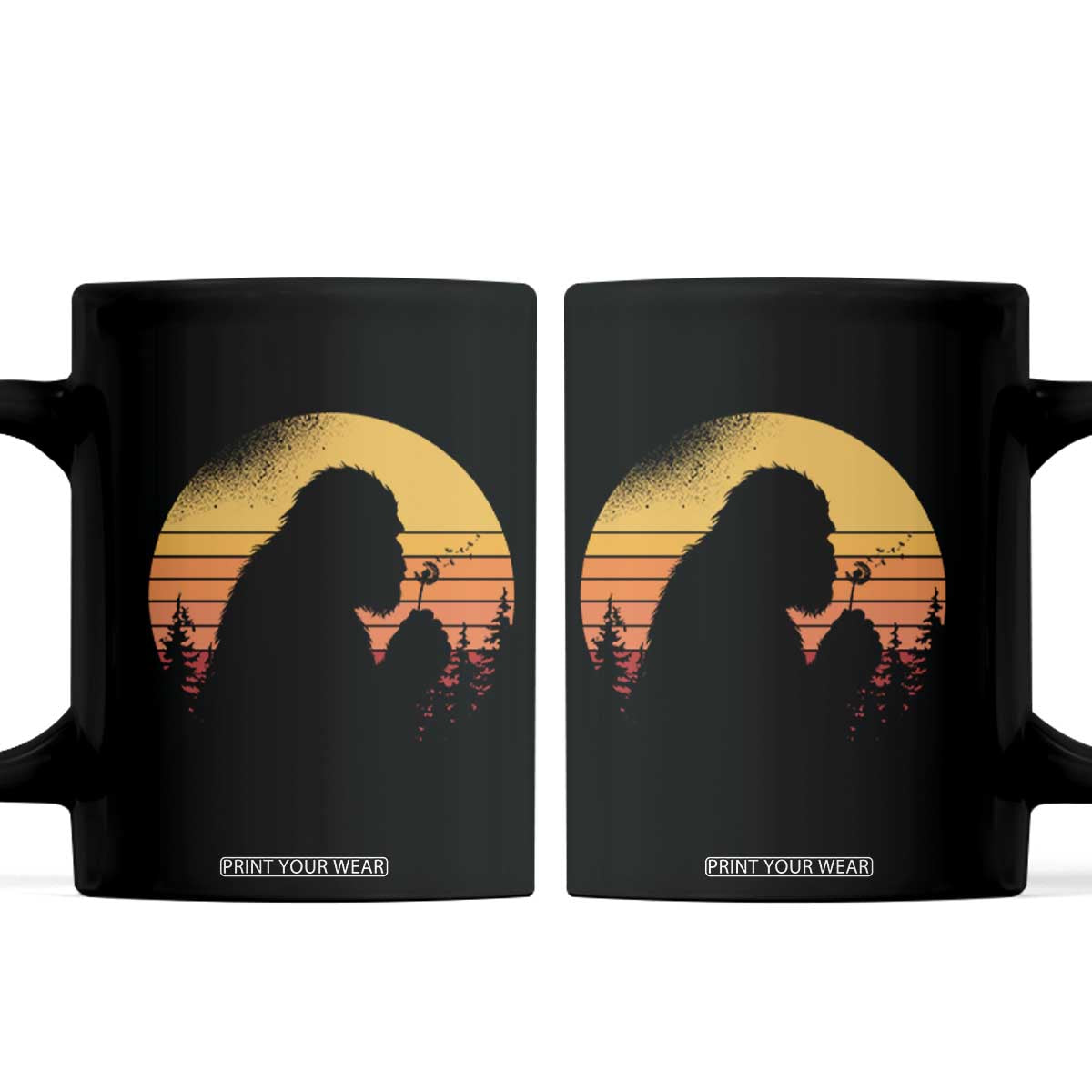Bigfoot Blowing Dandelion Coffee Mug Retro Sunset Forest TS14 Black Print Your Wear