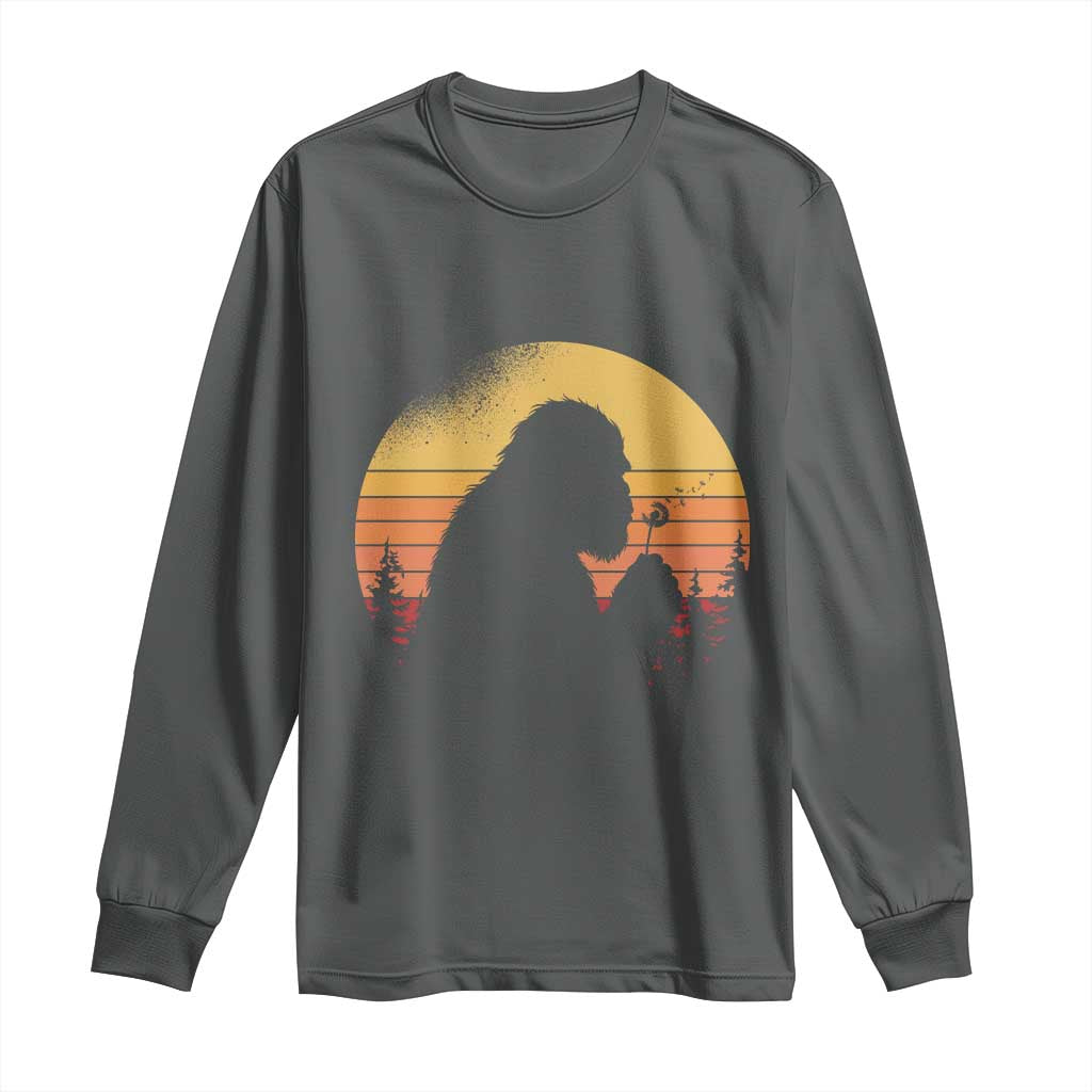 Bigfoot Blowing Dandelion Long Sleeve Shirt Retro Sunset Forest TS14 Dark Heather Print Your Wear