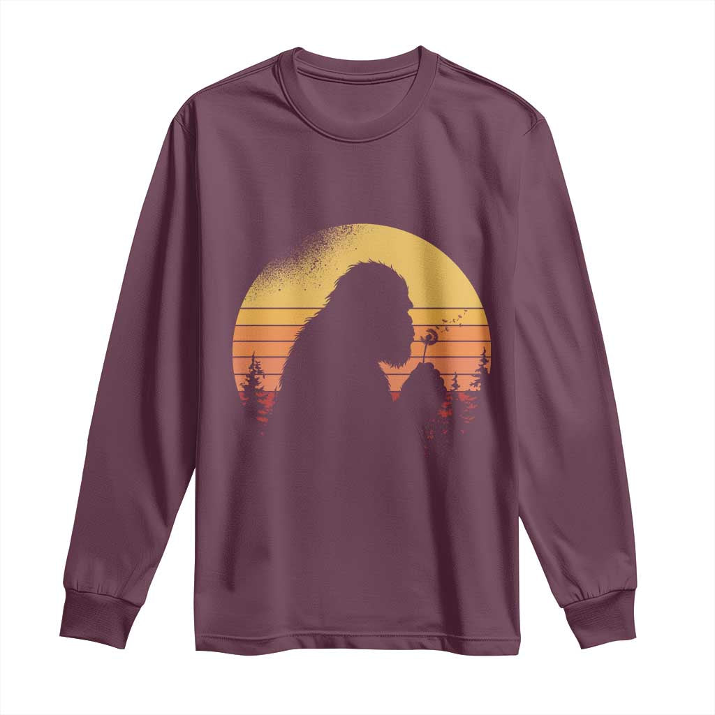 Bigfoot Blowing Dandelion Long Sleeve Shirt Retro Sunset Forest TS14 Maroon Print Your Wear