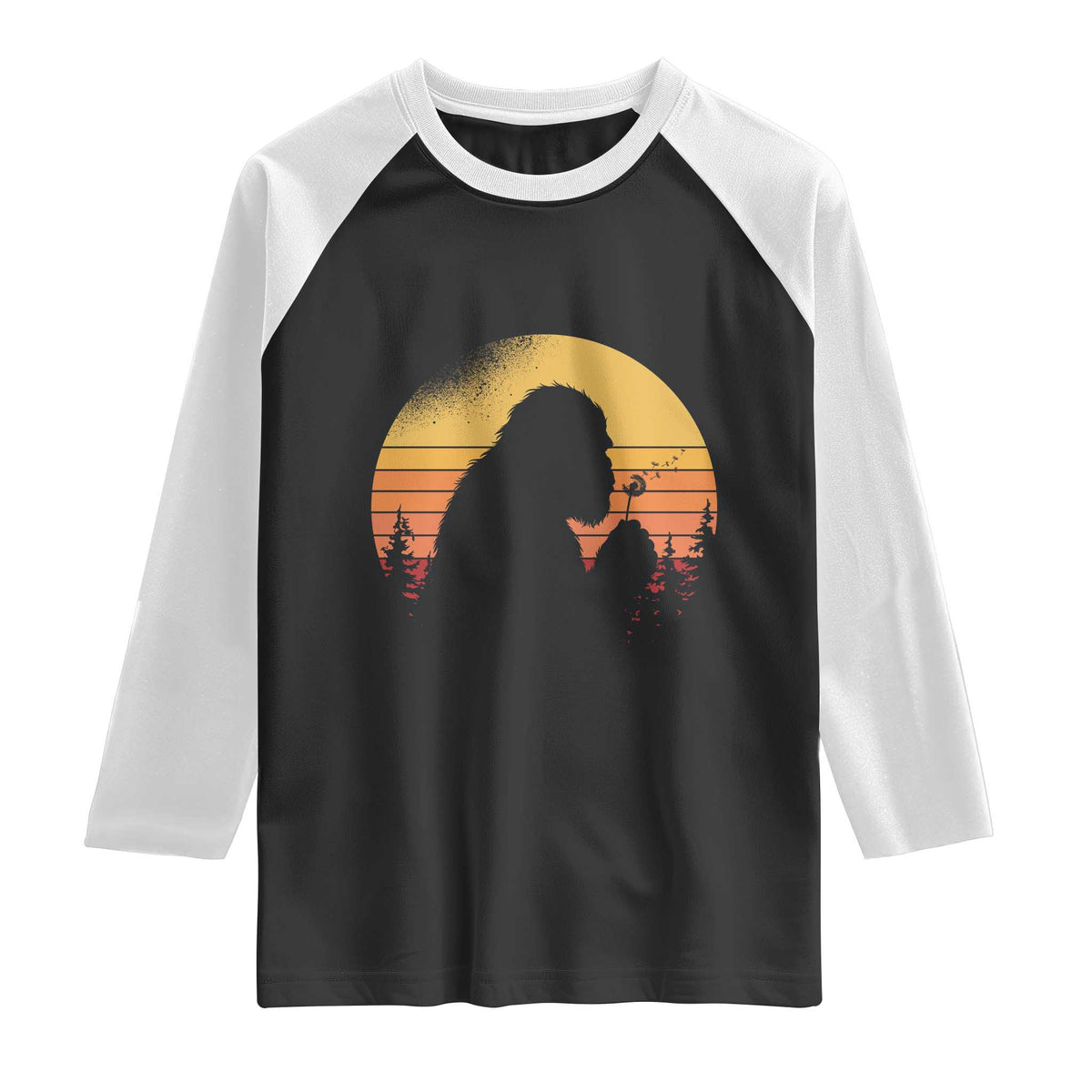 Bigfoot Blowing Dandelion Raglan Shirt Retro Sunset Forest TS14 Black White Print Your Wear