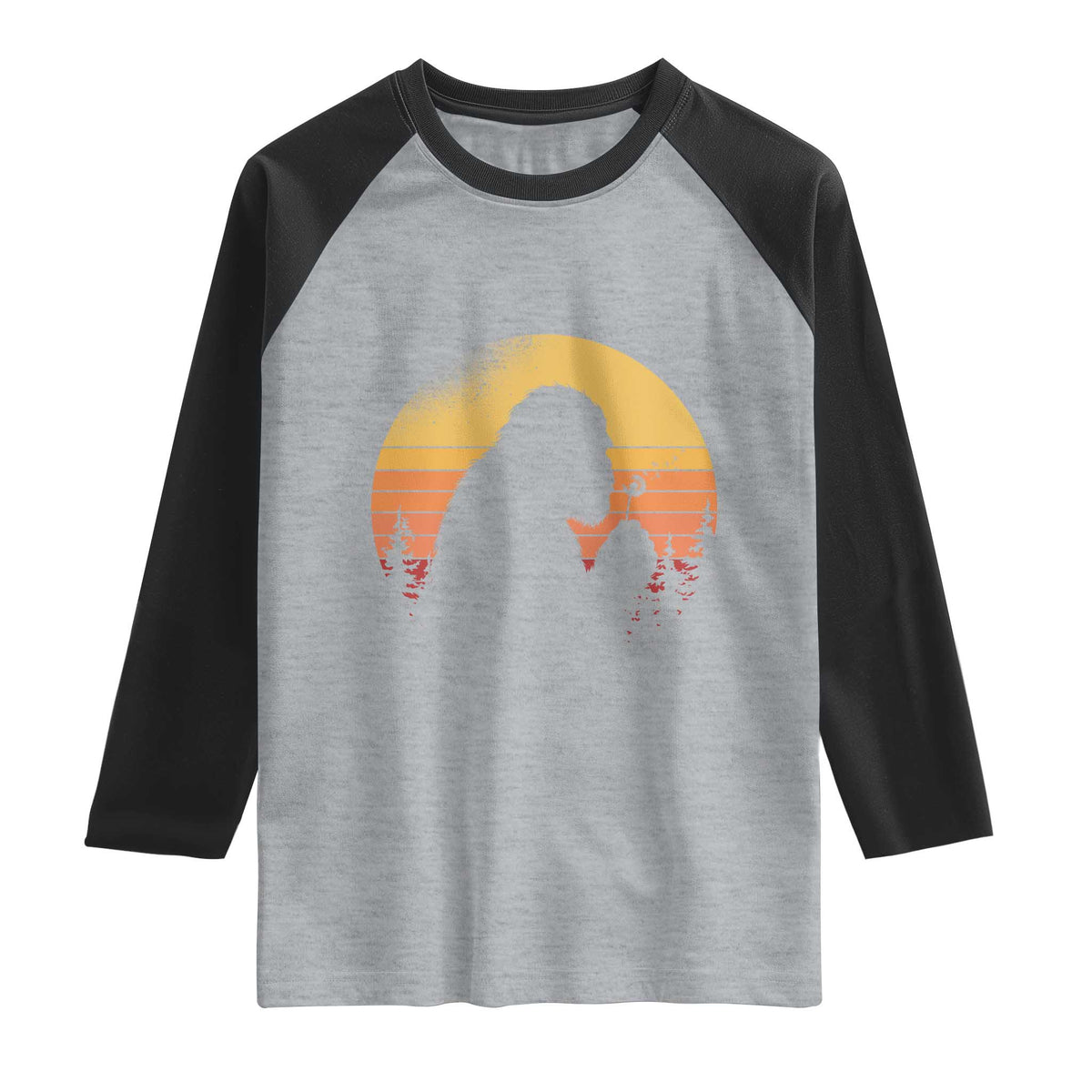 Bigfoot Blowing Dandelion Raglan Shirt Retro Sunset Forest TS14 Heather Gray Black Print Your Wear