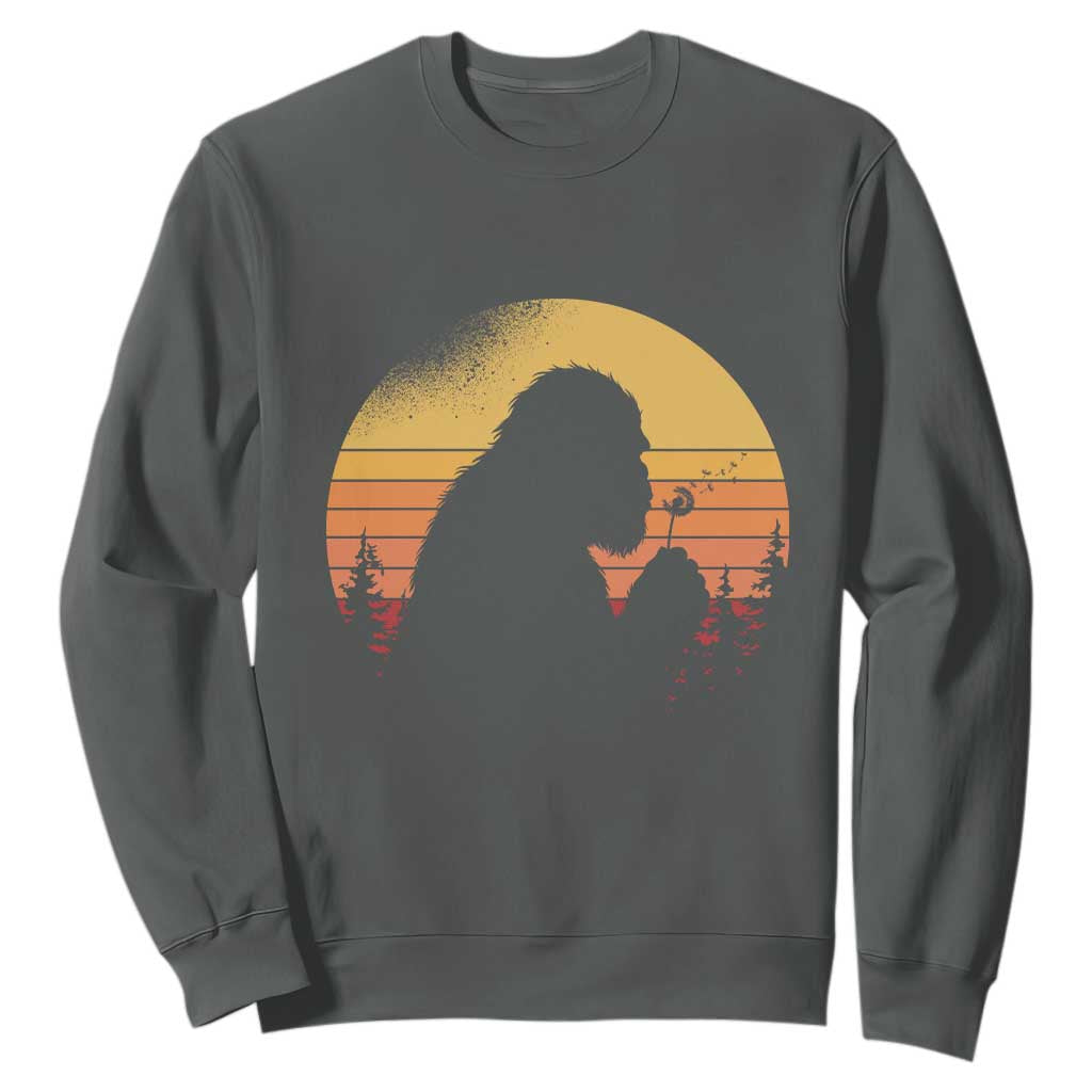 Bigfoot Blowing Dandelion Sweatshirt Retro Sunset Forest TS14 Dark Heather Print Your Wear