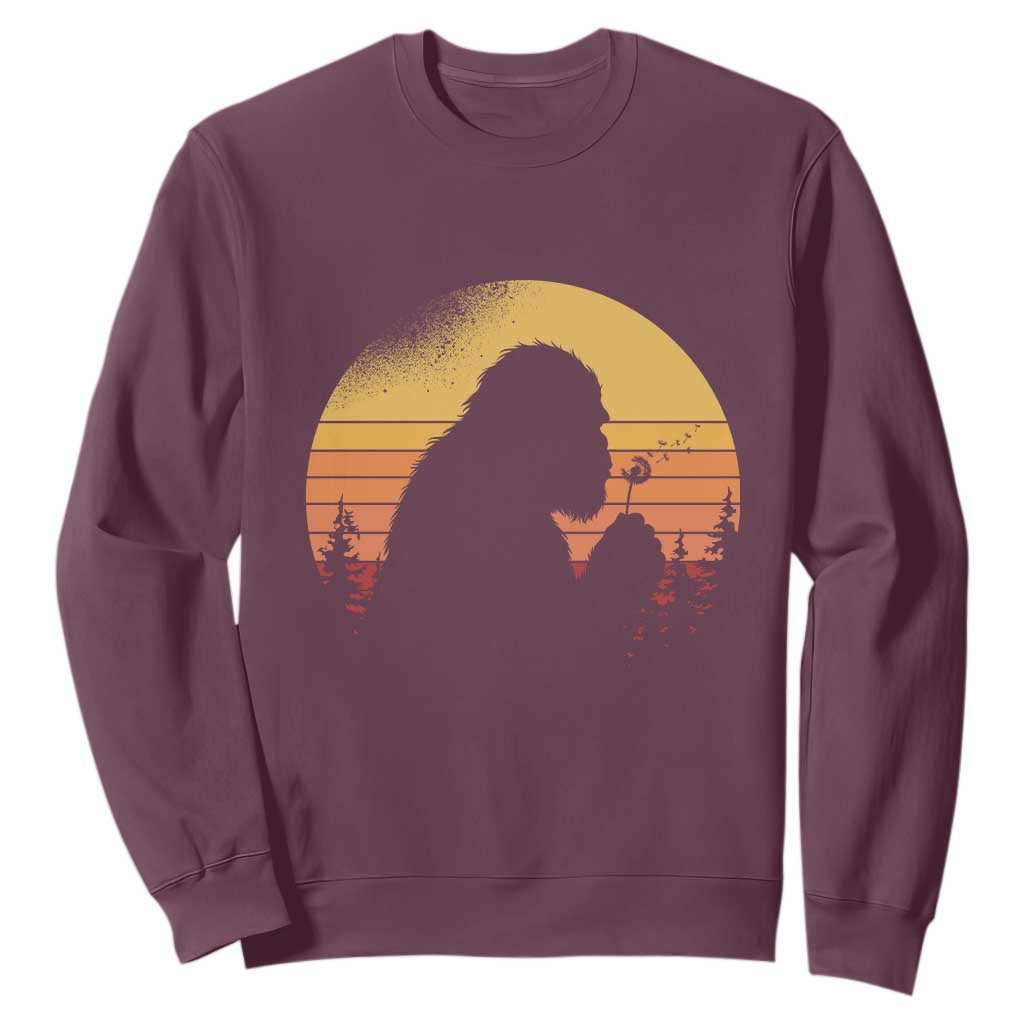 Bigfoot Blowing Dandelion Sweatshirt Retro Sunset Forest TS14 Maroon Print Your Wear