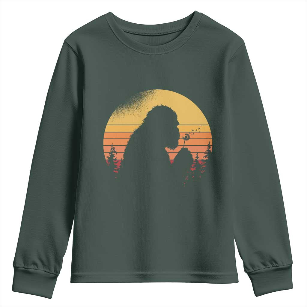 Bigfoot Blowing Dandelion Youth Sweatshirt Retro Sunset Forest TS14 Dark Forest Green Print Your Wear