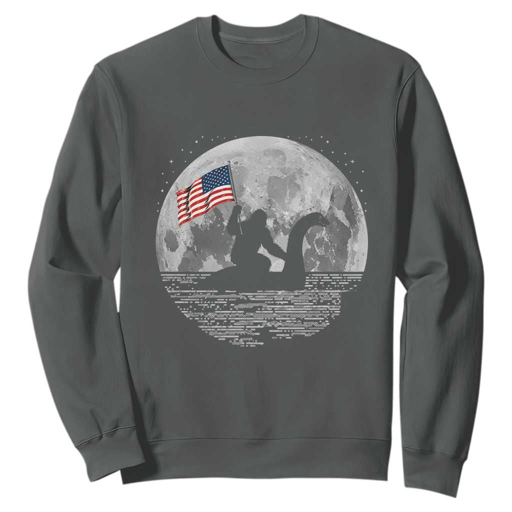 Bigfoot Loch Ness Monster 4th of July Sweatshirt Funny Cryptid Moon Night TS14 Dark Heather Print Your Wear
