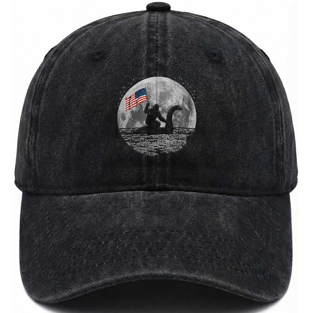 Bigfoot Loch Ness Monster 4th of July Washed Cotton Baseball Cap Funny Cryptid Moon Night TS14 Print Your Wear