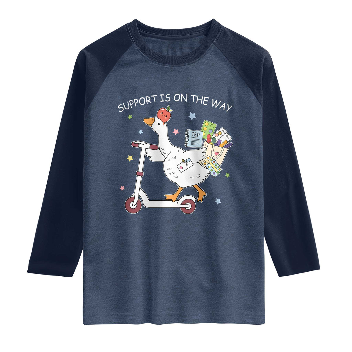 Special Education SPED Teacher Goose Scooter Raglan Shirt Support Is On The Way TS14 Heather Denim Navy Print Your Wear