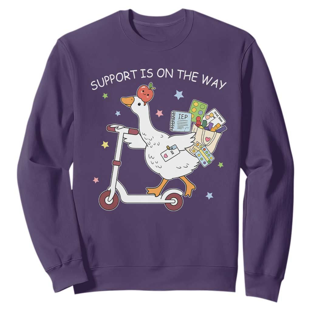 Special Education SPED Teacher Goose Scooter Sweatshirt Support Is On The Way TS14 Purple Print Your Wear
