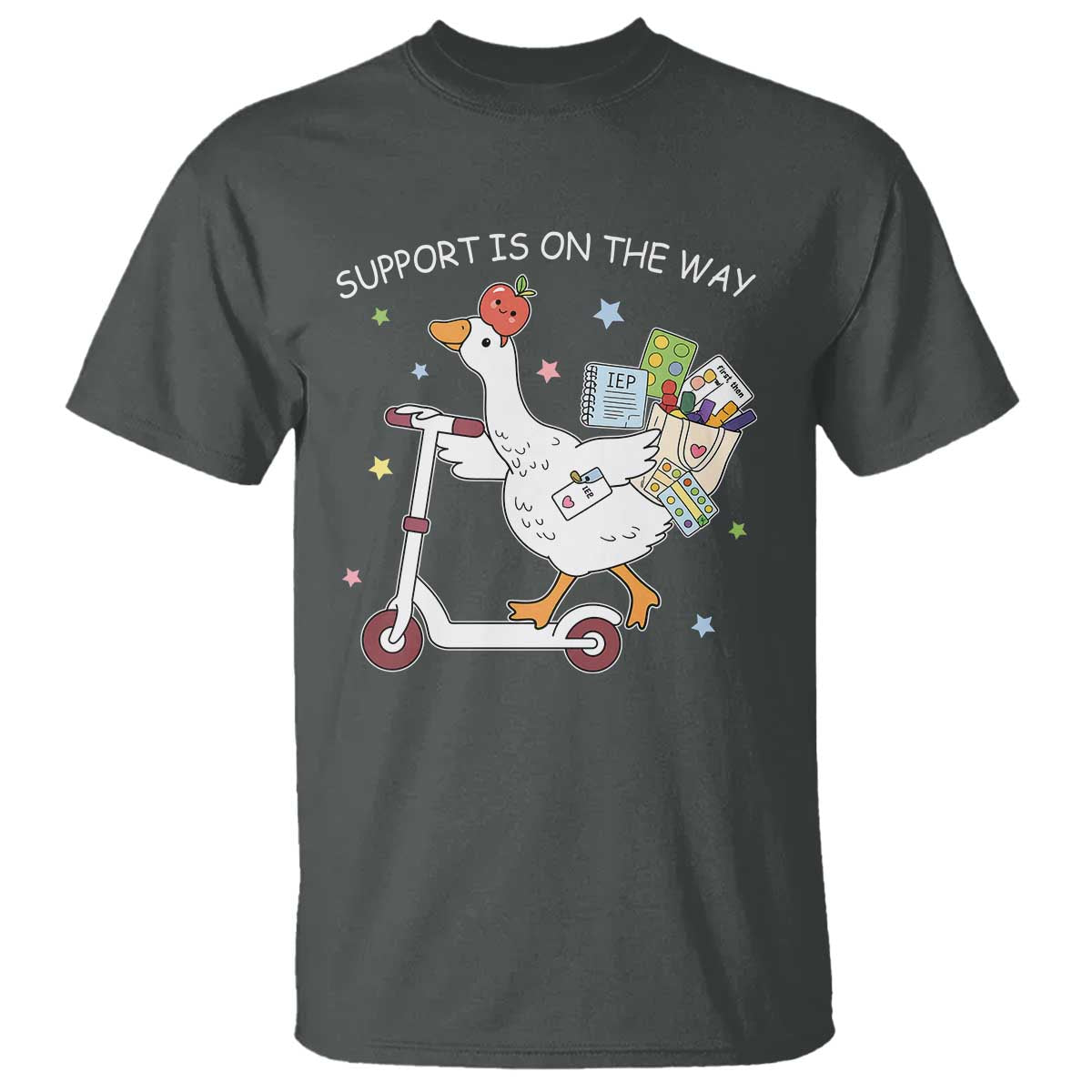 Special Education SPED Teacher Goose Scooter T Shirt Support Is On The Way TS14 Dark Heather Print Your Wear