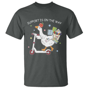 Special Education SPED Teacher Goose Scooter T Shirt Support Is On The Way TS14 Dark Heather Print Your Wear