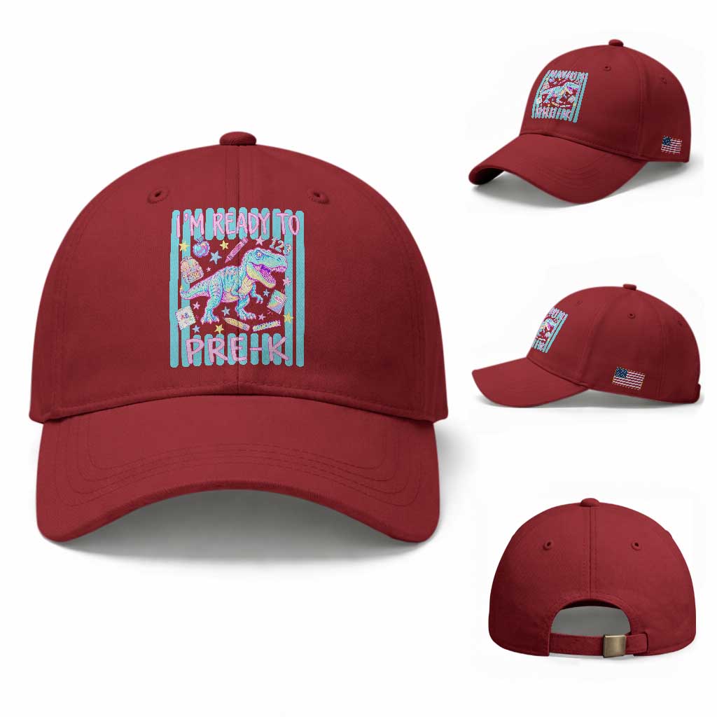 Funny Dinosaur First Day of School Pre-k Kindergarten Baseball Cap I'm Ready To Pre K TS14 Baseball Cap Universal Fit Cherry Red Print Your Wear