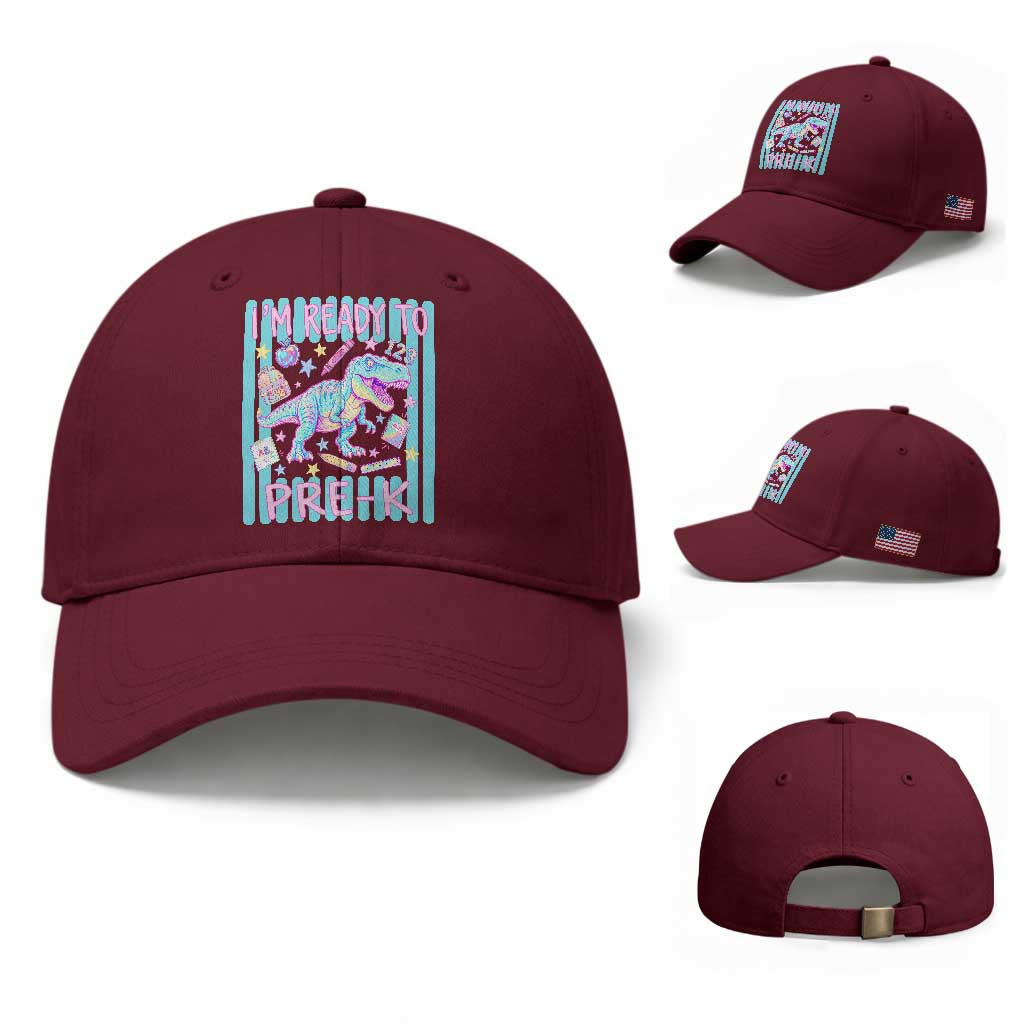 Funny Dinosaur First Day of School Pre-k Kindergarten Baseball Cap I'm Ready To Pre K TS14 Baseball Cap Universal Fit Maroon Print Your Wear