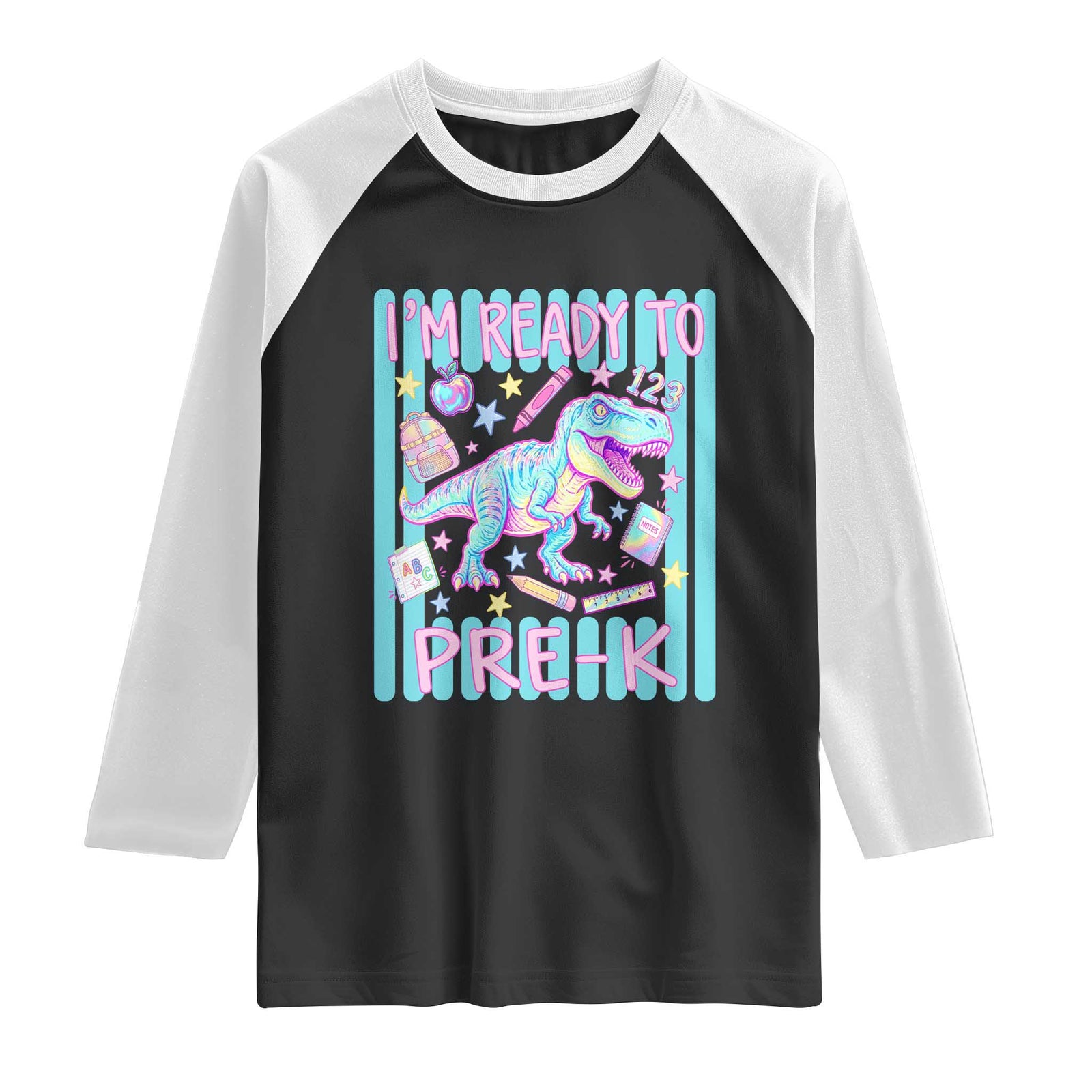 Funny Dinosaur First Day of School Pre-k Kindergarten Raglan Shirt I'm Ready To Pre K TS14 Black White Print Your Wear