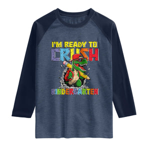 I'm Ready to Crush Pre-K Back to School T-Rex Dinosaur Raglan Shirt TS14 Heather Denim Navy Print Your Wear