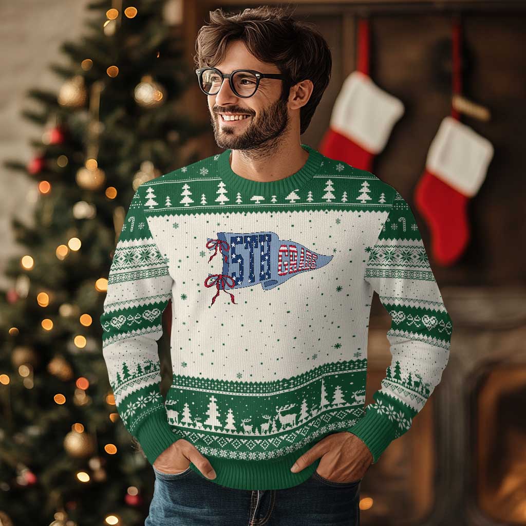 5th Grade Teacher Pennant US Flag Back to School Ugly Christmas Sweater TS14 Beige Green Print Your Wear