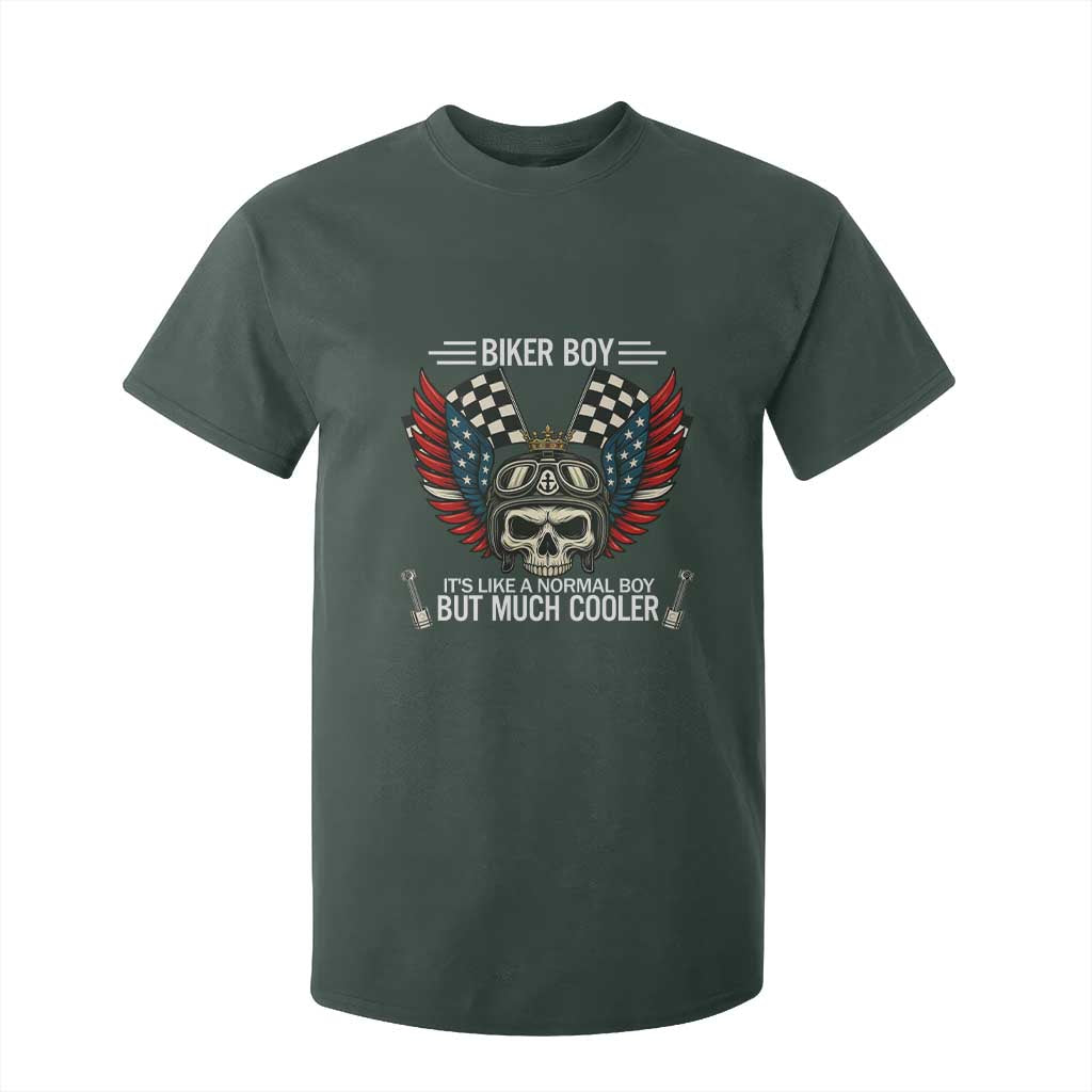 Skull Biker American Flag Motorcycle Biker Son T Shirt For Kid TS14 Dark Forest Green Print Your Wear