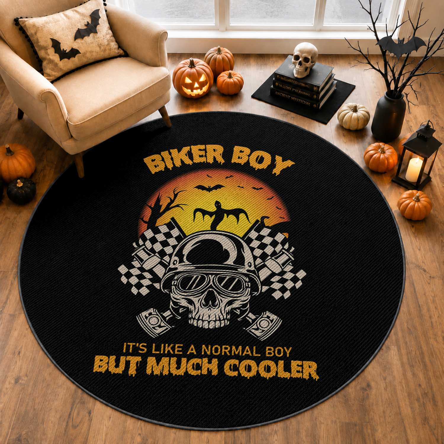 Funny Skull Motocycle Halloween Biker Son Round Rug Biker Boy It's Like A Normal Boy But Much Cooler