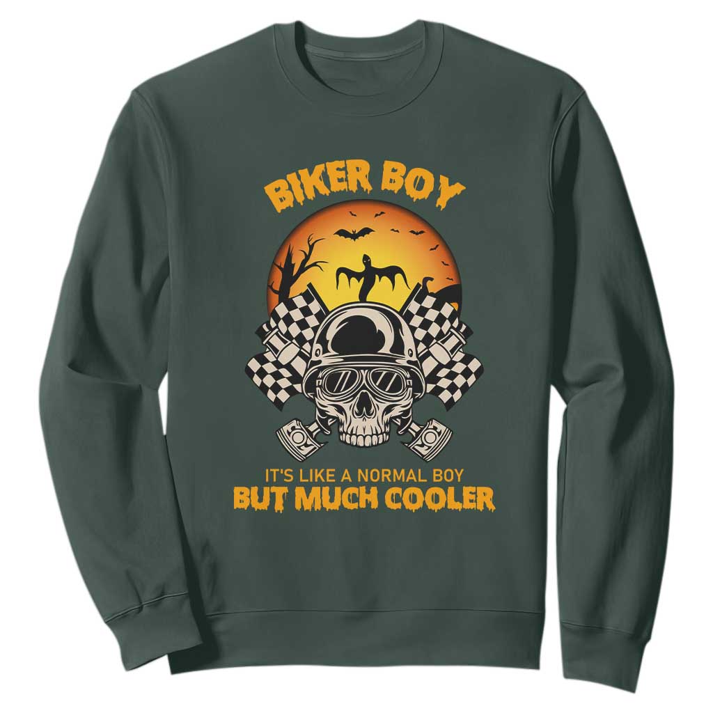 Funny Skull Motocycle Halloween Biker Son Sweatshirt Biker Boy It's Like A Normal Boy But Much Cooler TS14 Dark Forest Green Print Your Wear