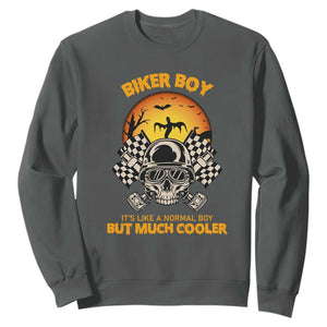 Funny Skull Motocycle Halloween Biker Son Sweatshirt Biker Boy It's Like A Normal Boy But Much Cooler TS14 Dark Heather Print Your Wear