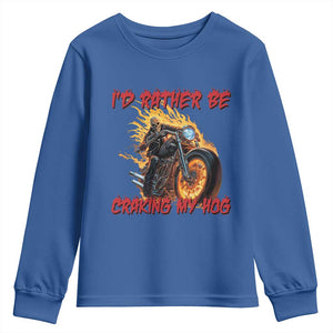 Funny Biker Skeleton Motorcycle Rider Youth Sweatshirt I Would Rather Be Cranking My Hog TS14 Royal Blue Print Your Wear
