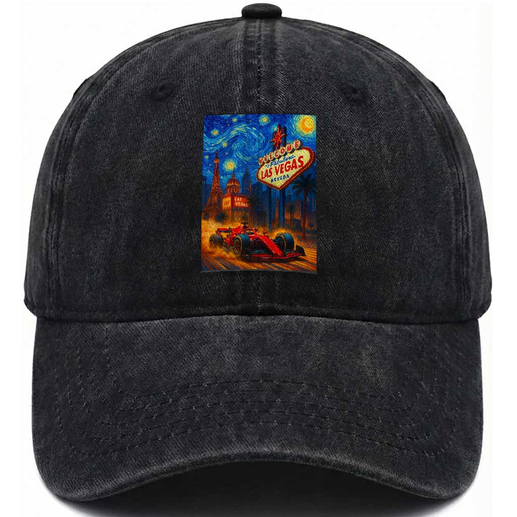 Racing Car Starry Night Las Vegas Race Day Washed Cotton Baseball Cap TS14 Washed Cap Universal Fit Black Print Your Wear