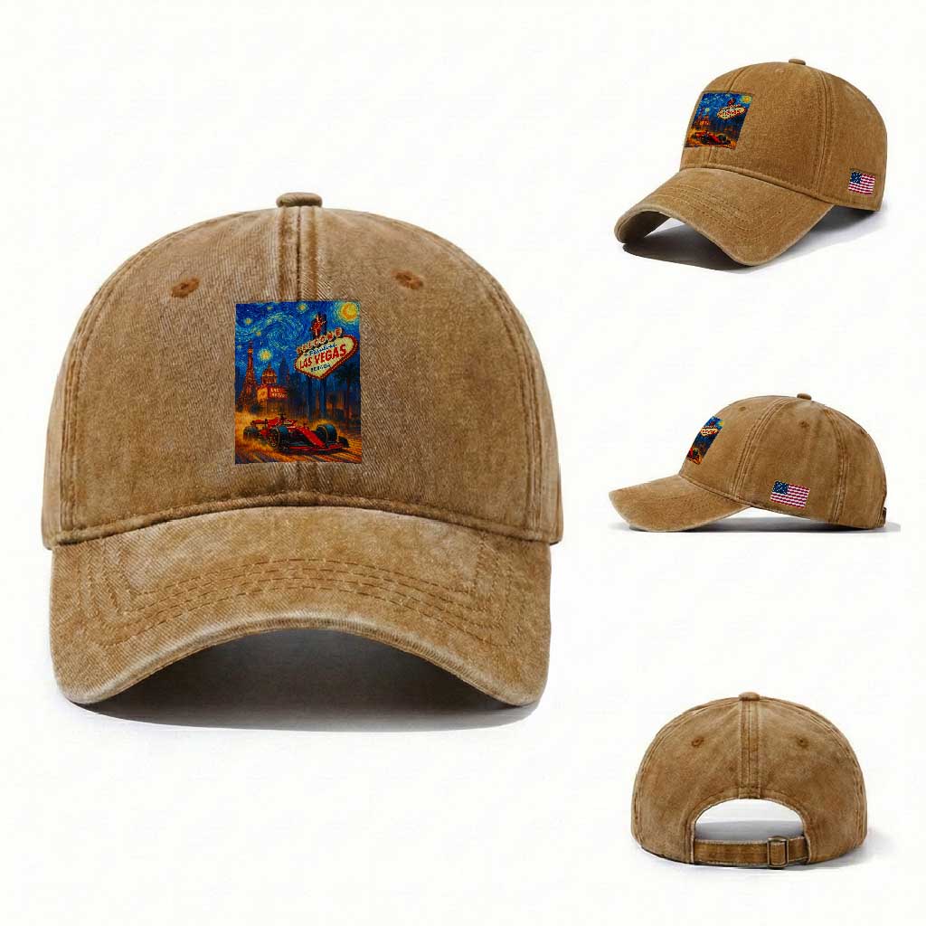 Racing Car Starry Night Las Vegas Race Day Washed Cotton Baseball Cap TS14 Washed Cap Universal Fit Yellow Ochre Print Your Wear