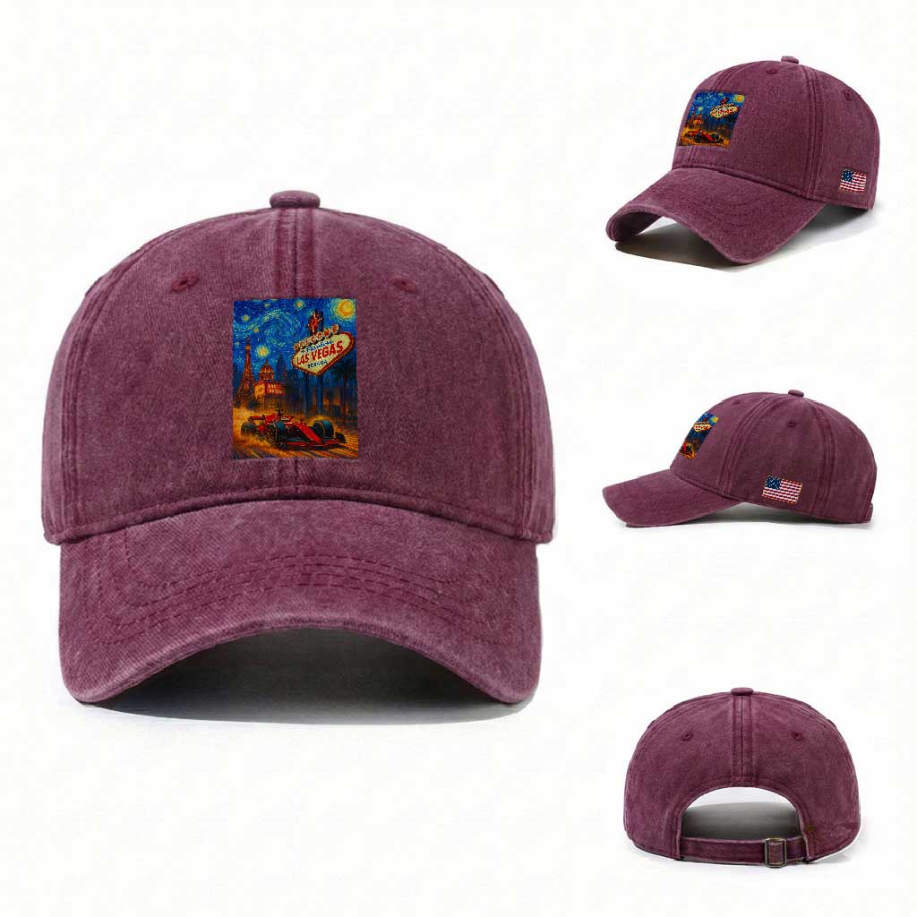 Racing Car Starry Night Las Vegas Race Day Washed Cotton Baseball Cap TS14 Washed Cap Universal Fit Burgundy Print Your Wear