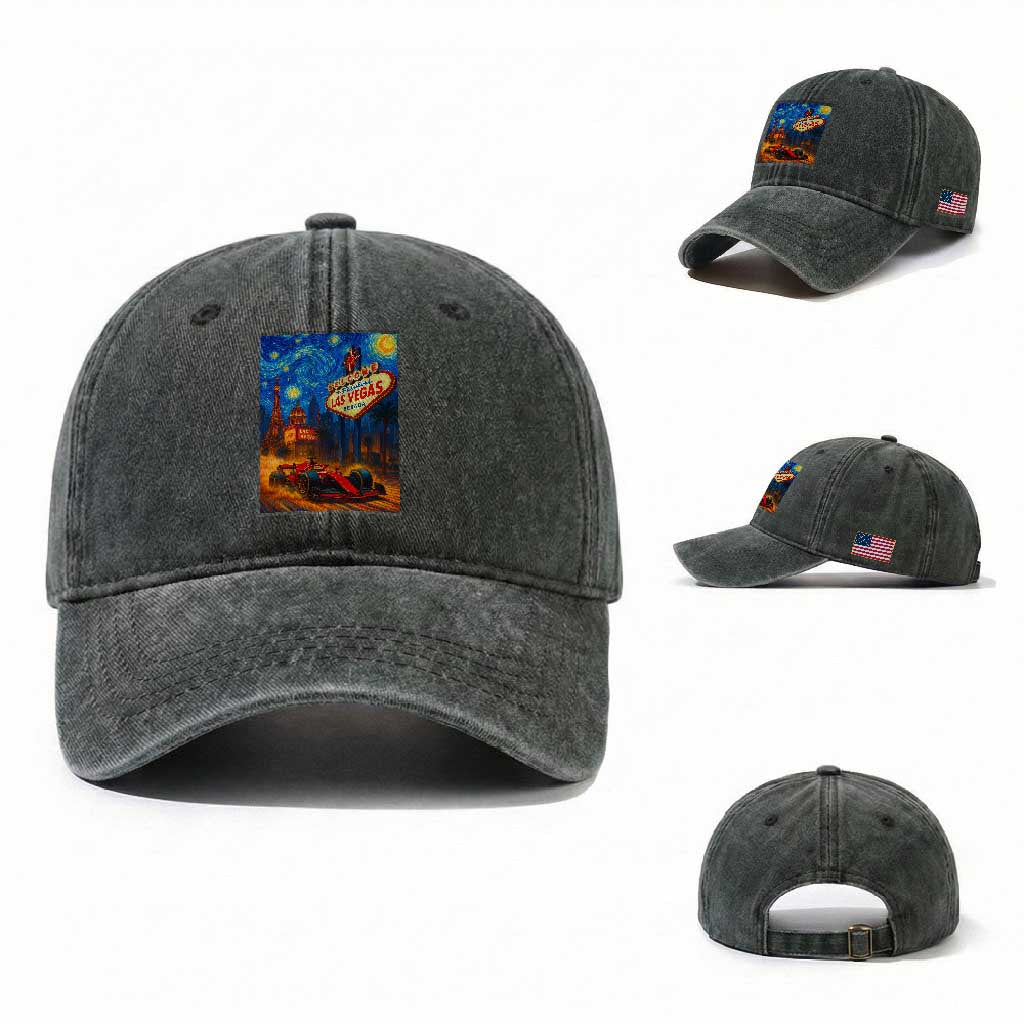 Racing Car Starry Night Las Vegas Race Day Washed Cotton Baseball Cap TS14 Washed Cap Universal Fit Dark Green Print Your Wear