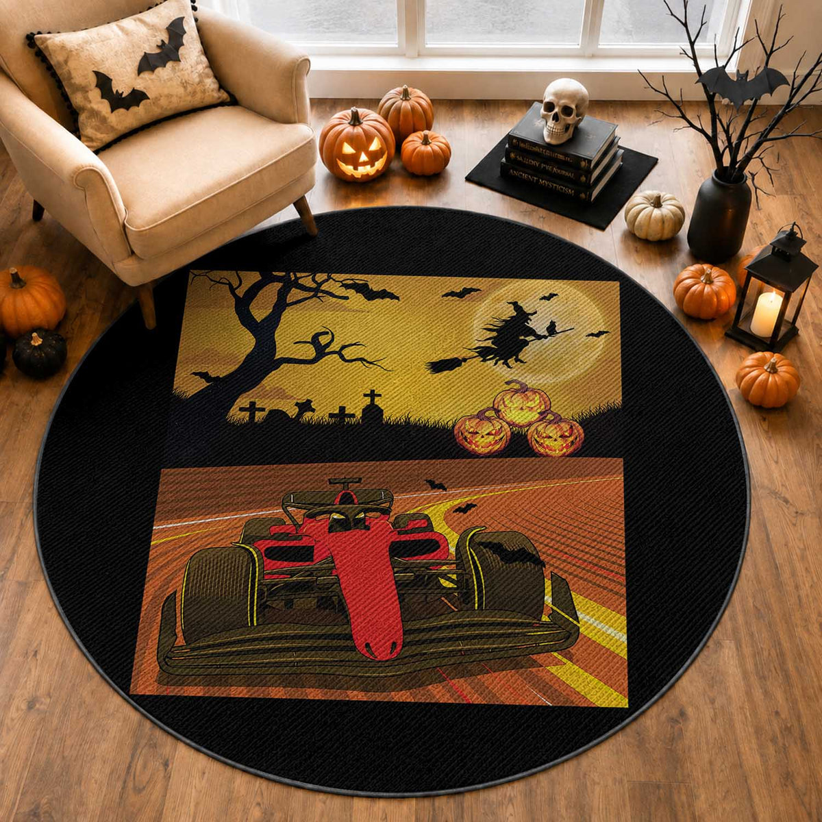 Vintage Race Car Halloween Pumpkin Retro Racing Round Rug