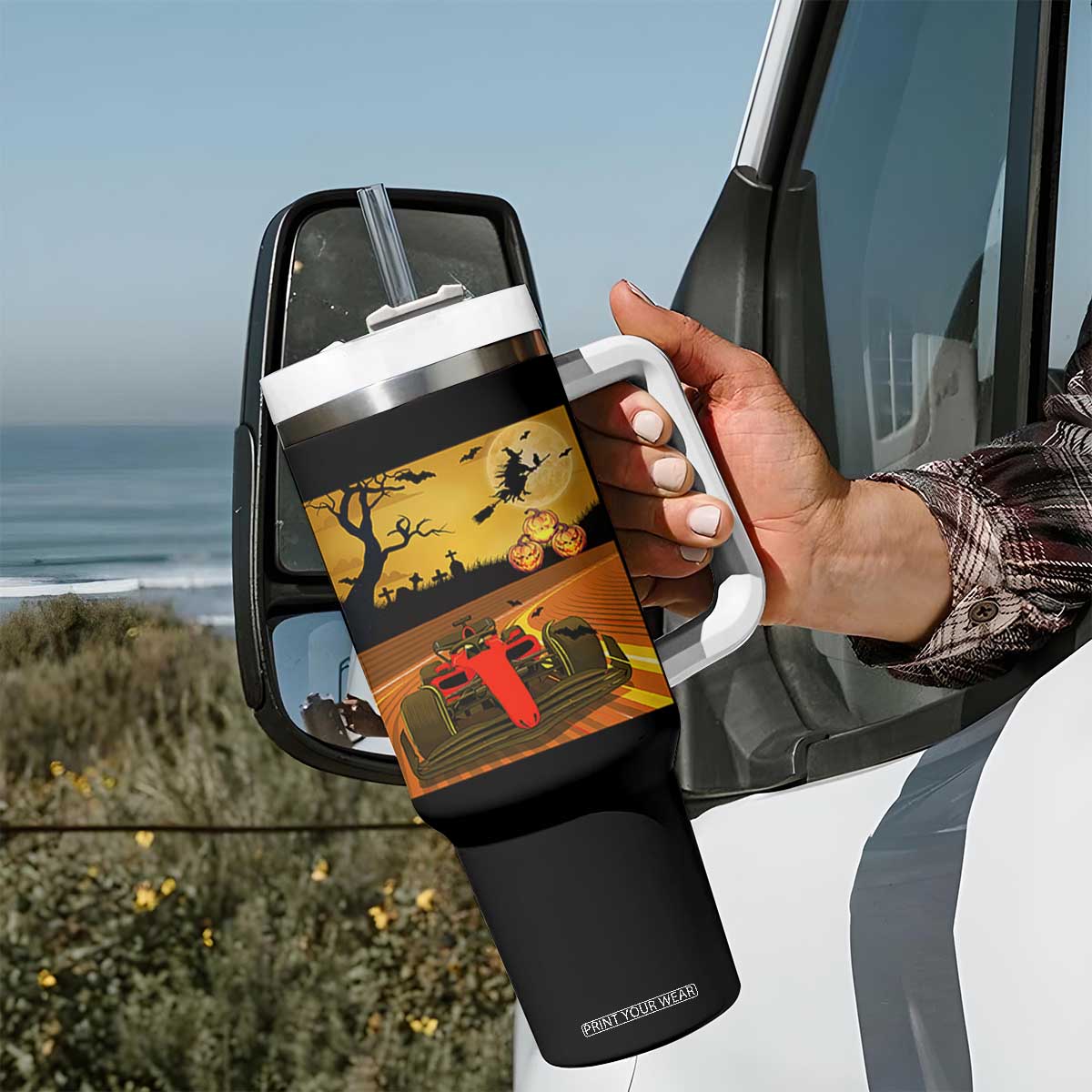 Vintage Race Car Halloween Pumpkin Retro Racing Tumbler With Handle TS14 Print Your Wear