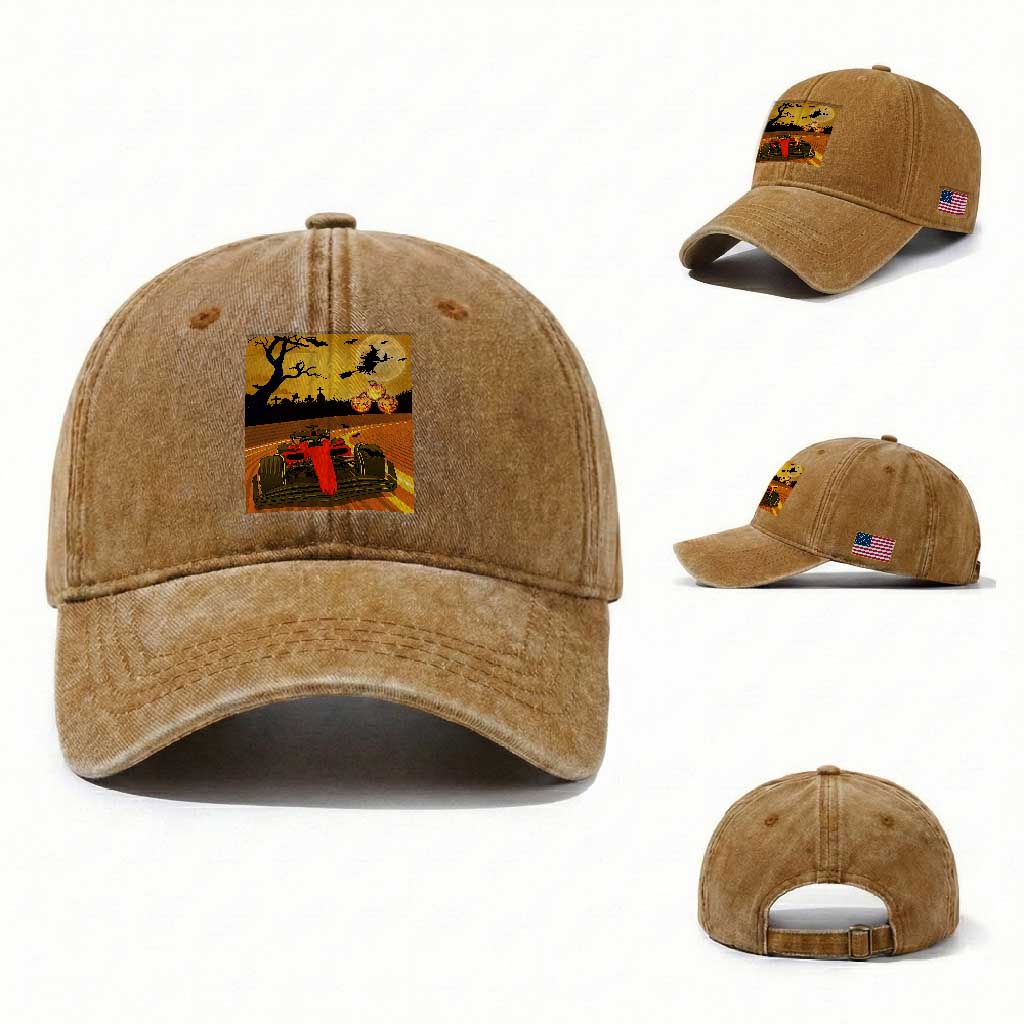 Vintage Race Car Halloween Pumpkin Retro Racing Washed Cotton Baseball Cap TS14 Washed Cap Universal Fit Yellow Ochre Print Your Wear