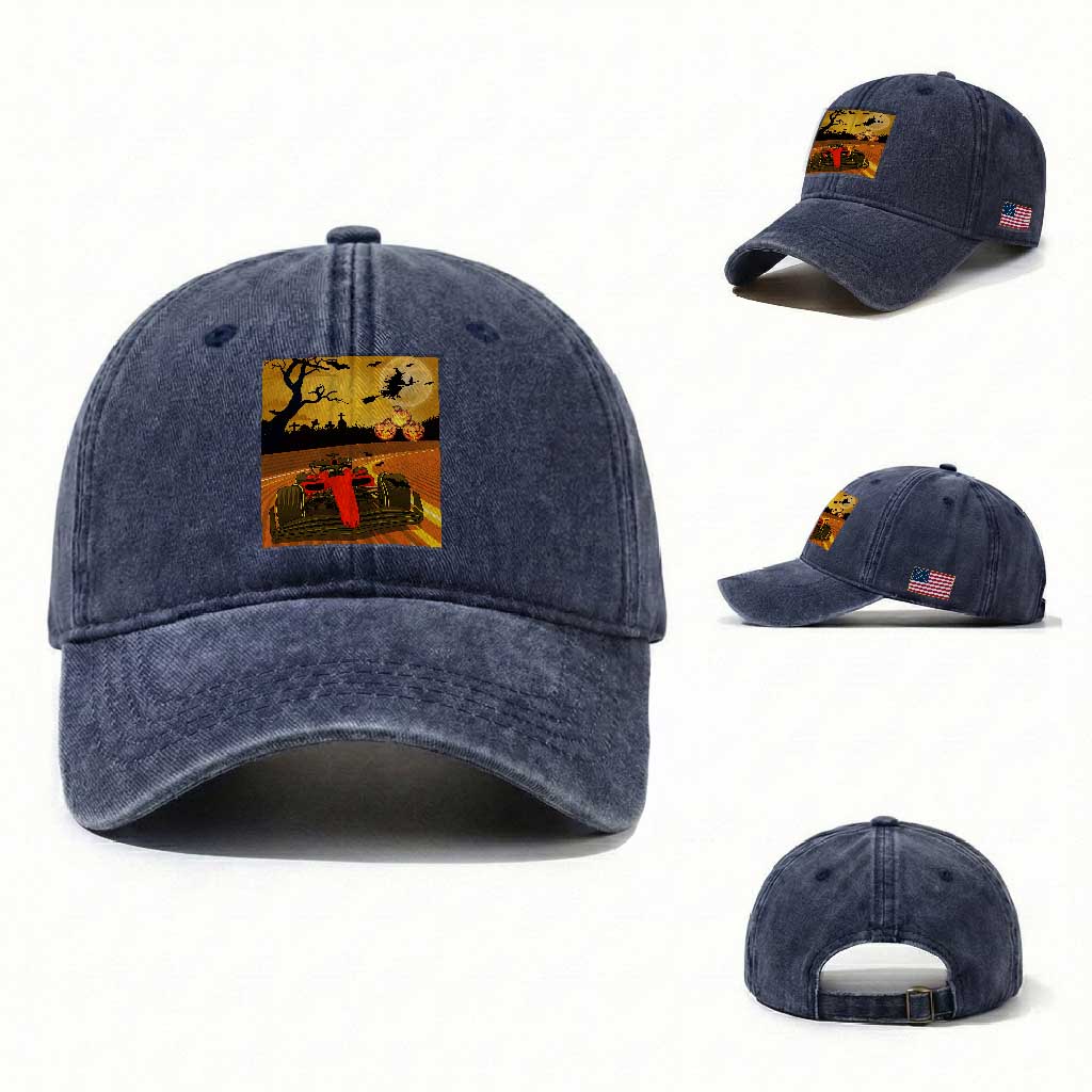 Vintage Race Car Halloween Pumpkin Retro Racing Washed Cotton Baseball Cap TS14 Washed Cap Universal Fit Navy Print Your Wear