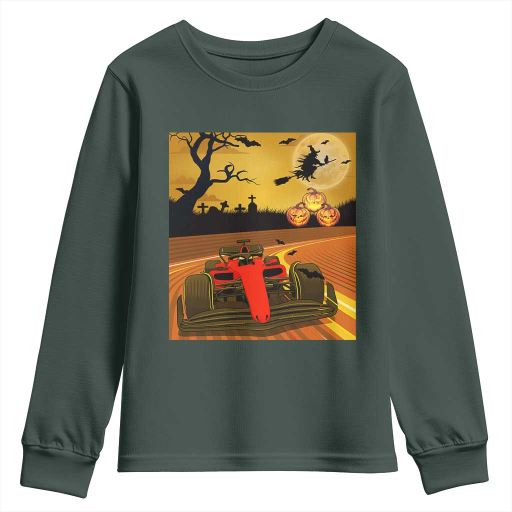 Vintage Race Car Halloween Pumpkin Retro Racing Youth Sweatshirt TS14 Dark Forest Green Print Your Wear