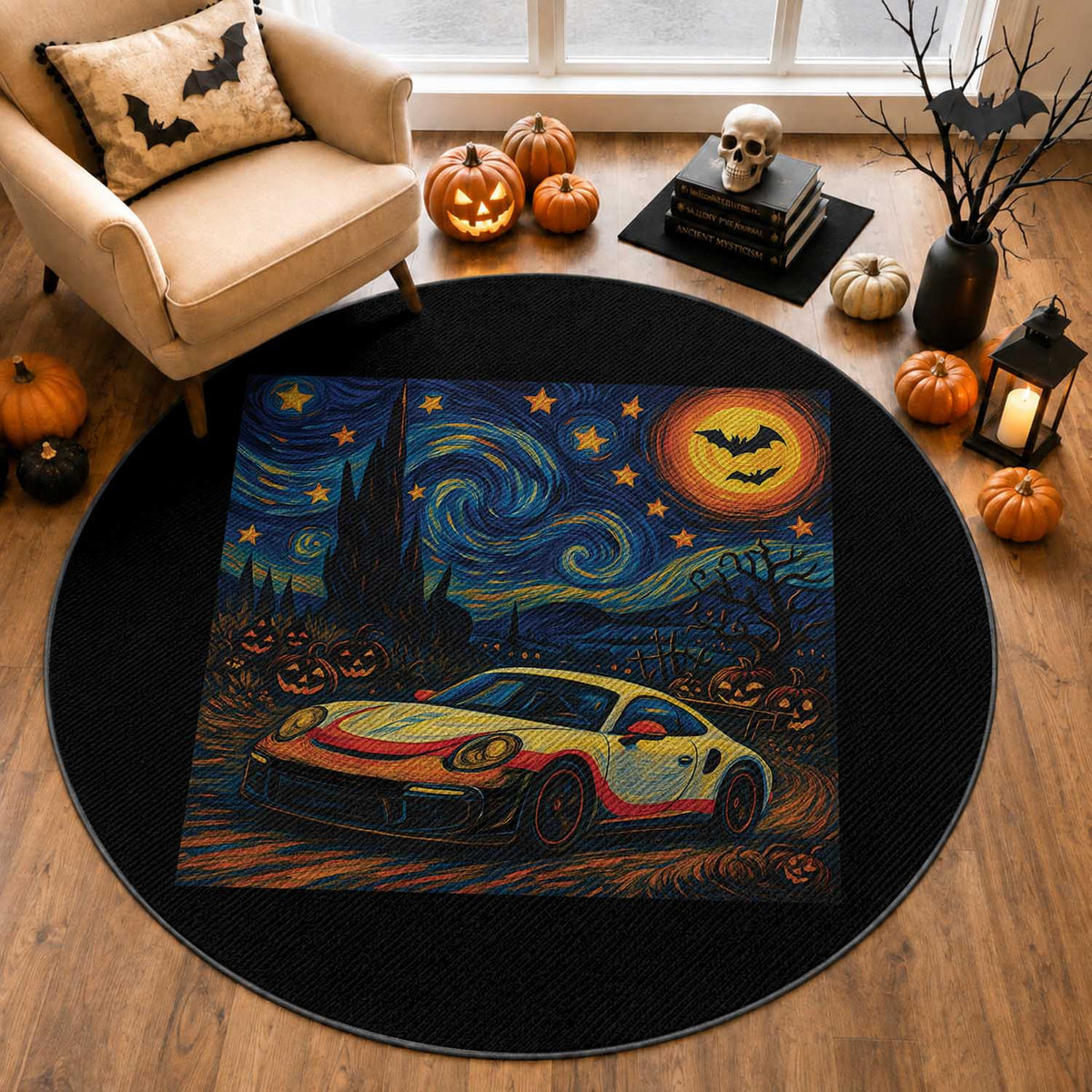 Racing Sports Round Rug Starry Night 911 Silhouette Halloween