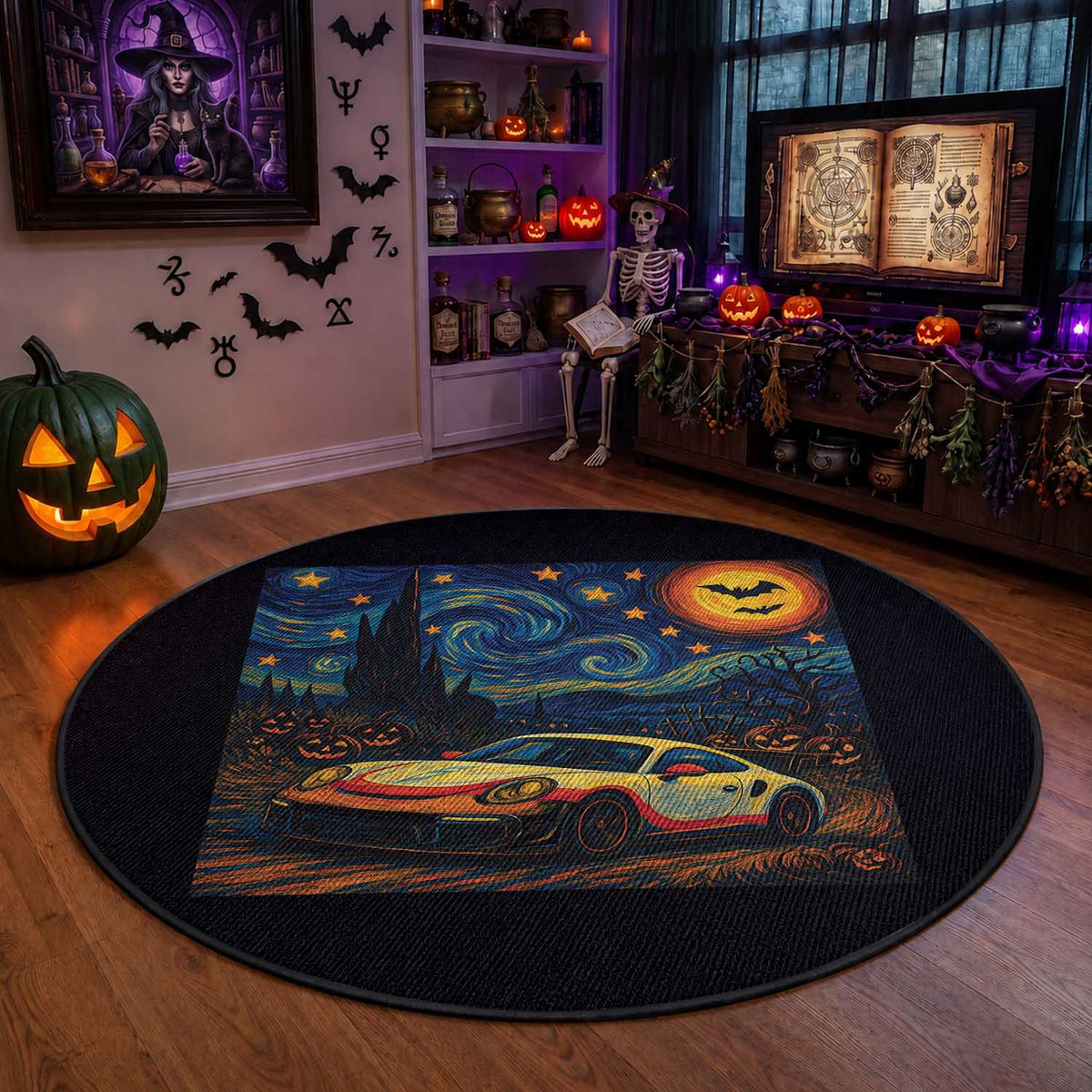 Racing Sports Round Rug Starry Night 911 Silhouette Halloween