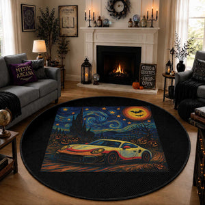 Racing Sports Round Rug Starry Night 911 Silhouette Halloween