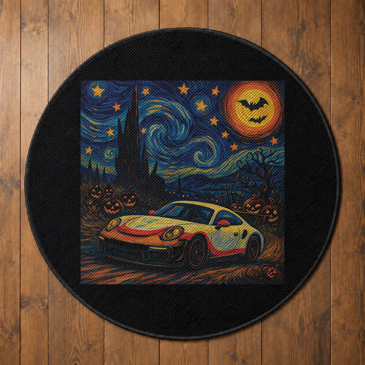 Racing Sports Round Rug Starry Night 911 Silhouette Halloween