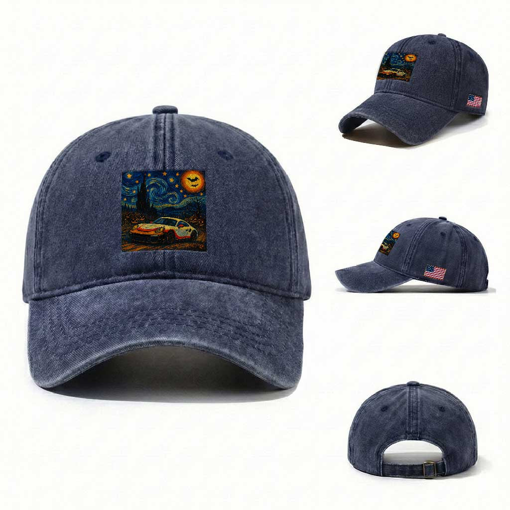 Racing Sports Washed Cotton Baseball Cap Starry Night 911 Silhouette Halloween TS14 Washed Cap Universal Fit Navy Print Your Wear