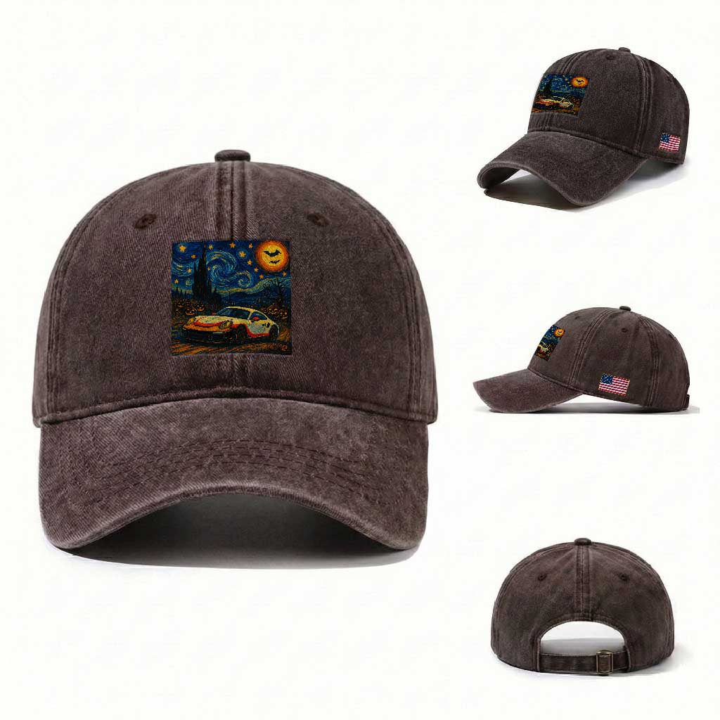 Racing Sports Washed Cotton Baseball Cap Starry Night 911 Silhouette Halloween TS14 Washed Cap Universal Fit Dark Brown Print Your Wear
