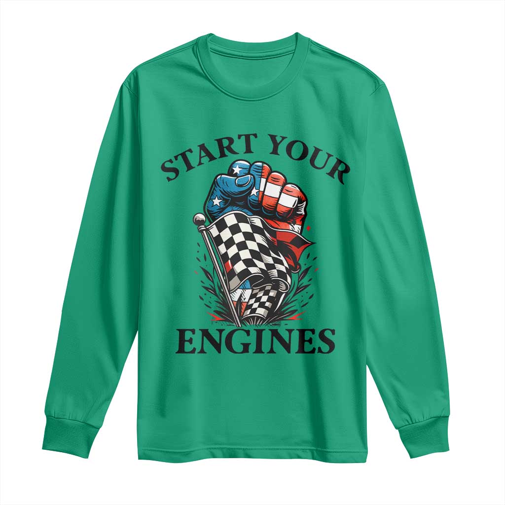 Checkered American Flag Racing Long Sleeve Shirt Start Your Engines Race Car TS14 Irish Green Print Your Wear