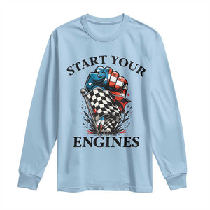 Checkered American Flag Racing Long Sleeve Shirt Start Your Engines Race Car TS14 Light Blue Print Your Wear