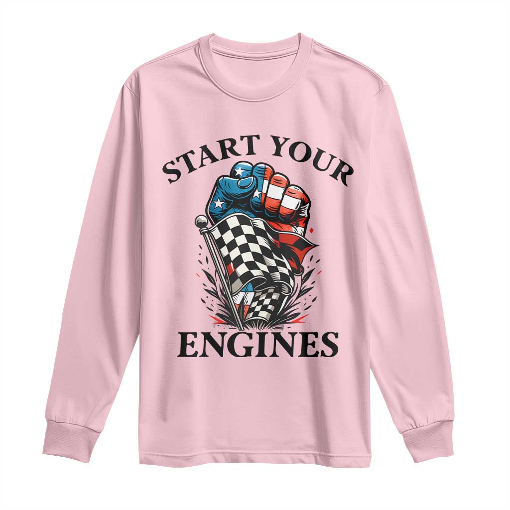 Checkered American Flag Racing Long Sleeve Shirt Start Your Engines Race Car TS14 Light Pink Print Your Wear