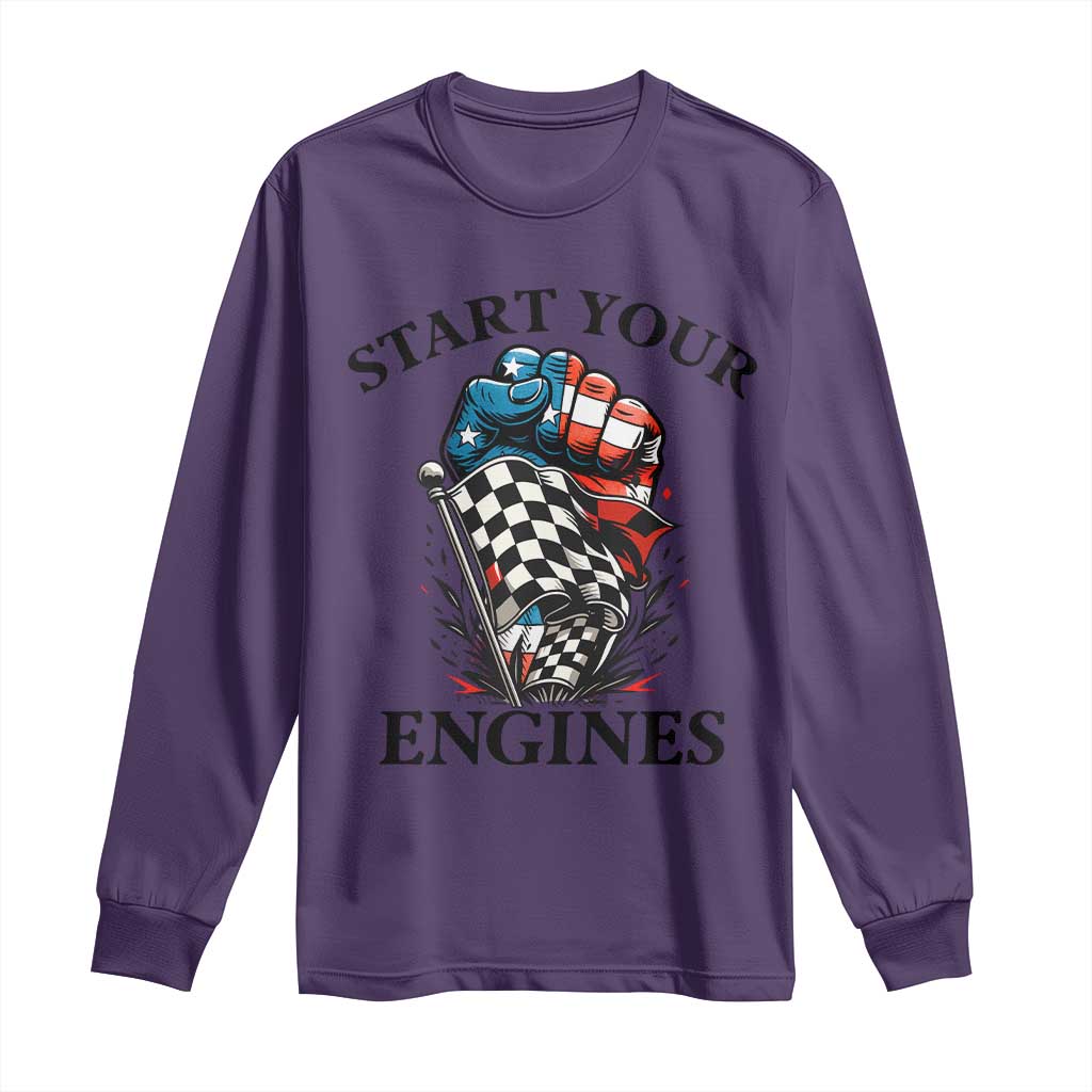 Checkered American Flag Racing Long Sleeve Shirt Start Your Engines Race Car TS14 Purple Print Your Wear