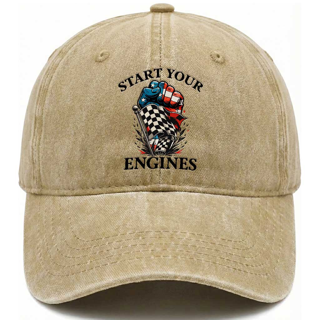 Checkered American Flag Racing Washed Cotton Baseball Cap Start Your Engines Race Car TS14 Washed Cap Universal Fit Khaki Print Your Wear