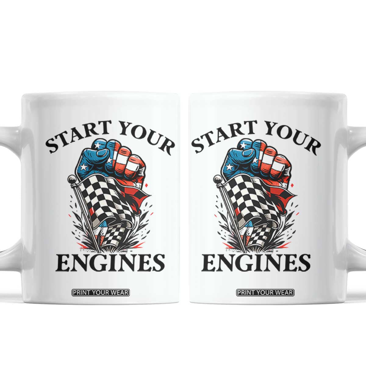 Checkered American Flag Racing Coffee Mug Start Your Engines Race Car TS14 White Print Your Wear