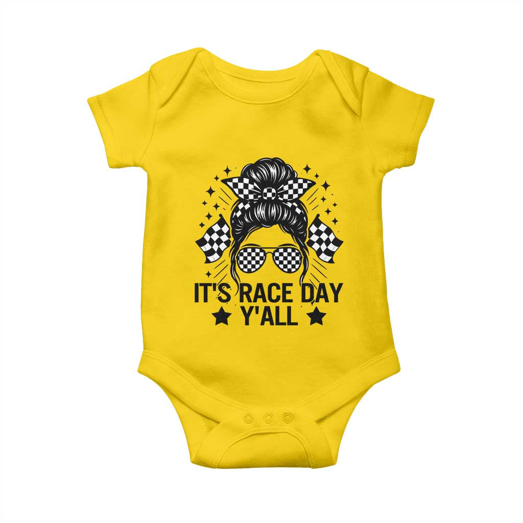 Racing Checkered Flag Messy Bun Race Day Baby Onesie TS14 Daisy Print Your Wear