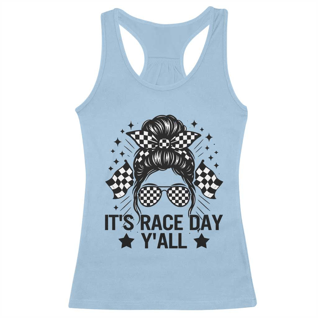Racing Checkered Flag Messy Bun Race Day Racerback Tank Top TS14 Light Blue Print Your Wear